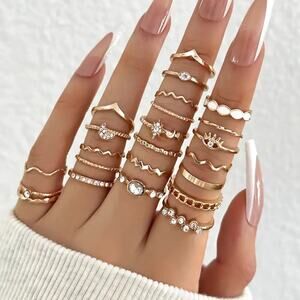 NEW 23pc Gold Stackable Rings – Eye, Moon, Wave & Geometric Designs